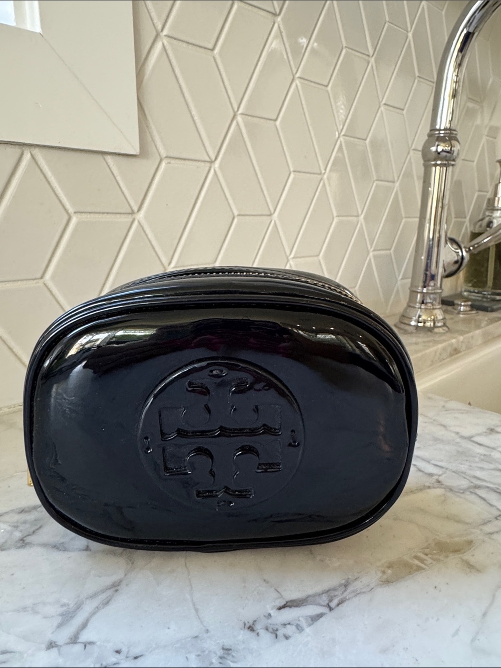 Tory Burch Black Patent Cosmetic Case with Logo